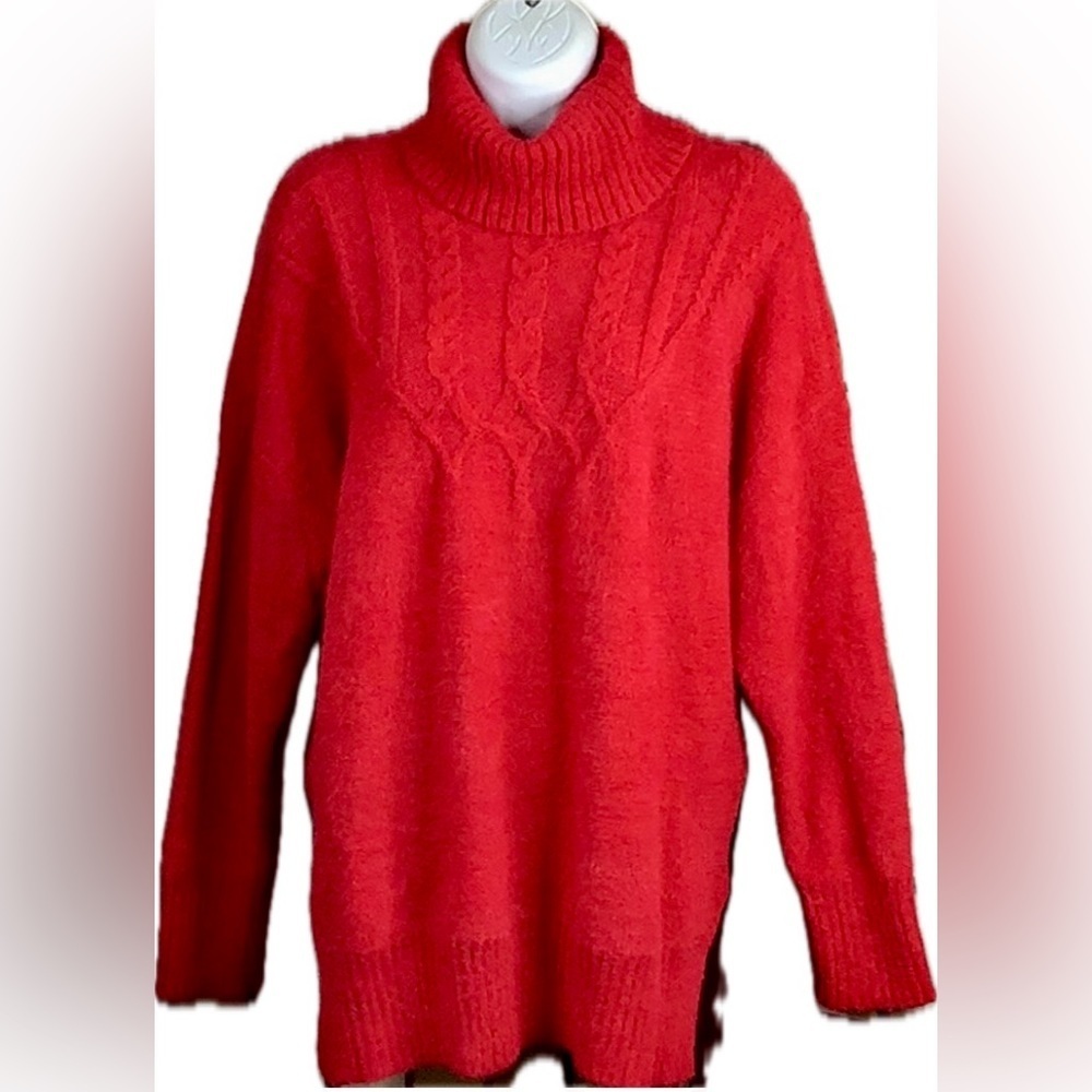 Maurices L XL Top Sweater Red Turtleneck Split Side Cable Knit Smock Shirt Front